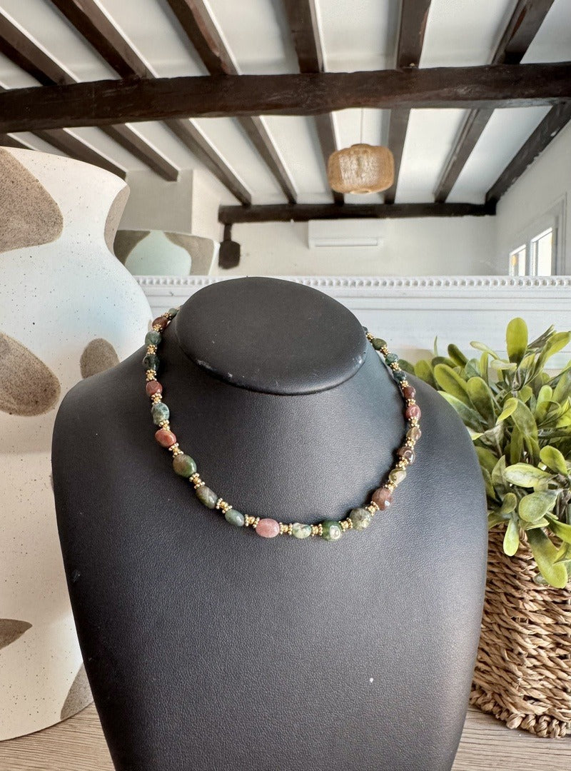Collier Zulma - perles en acier et pierres naturelles d’Agate mousse