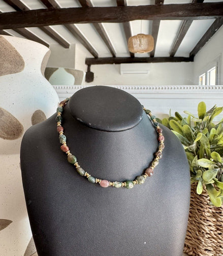 Collier Zulma - perles en acier et pierres naturelles d’Agate mousse