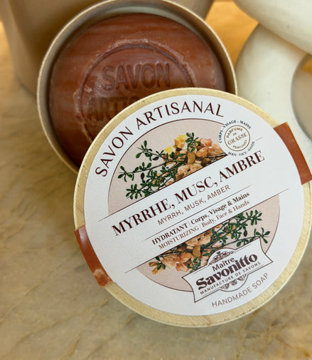 Savon Myrrhe, Musc & Ambre avec boîte en bois 100g