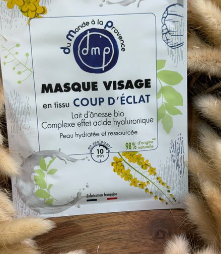 Masque Visage en tissu Coup d’Eclat et Hydratant au Lait d’Ânesse BIO – 20ml