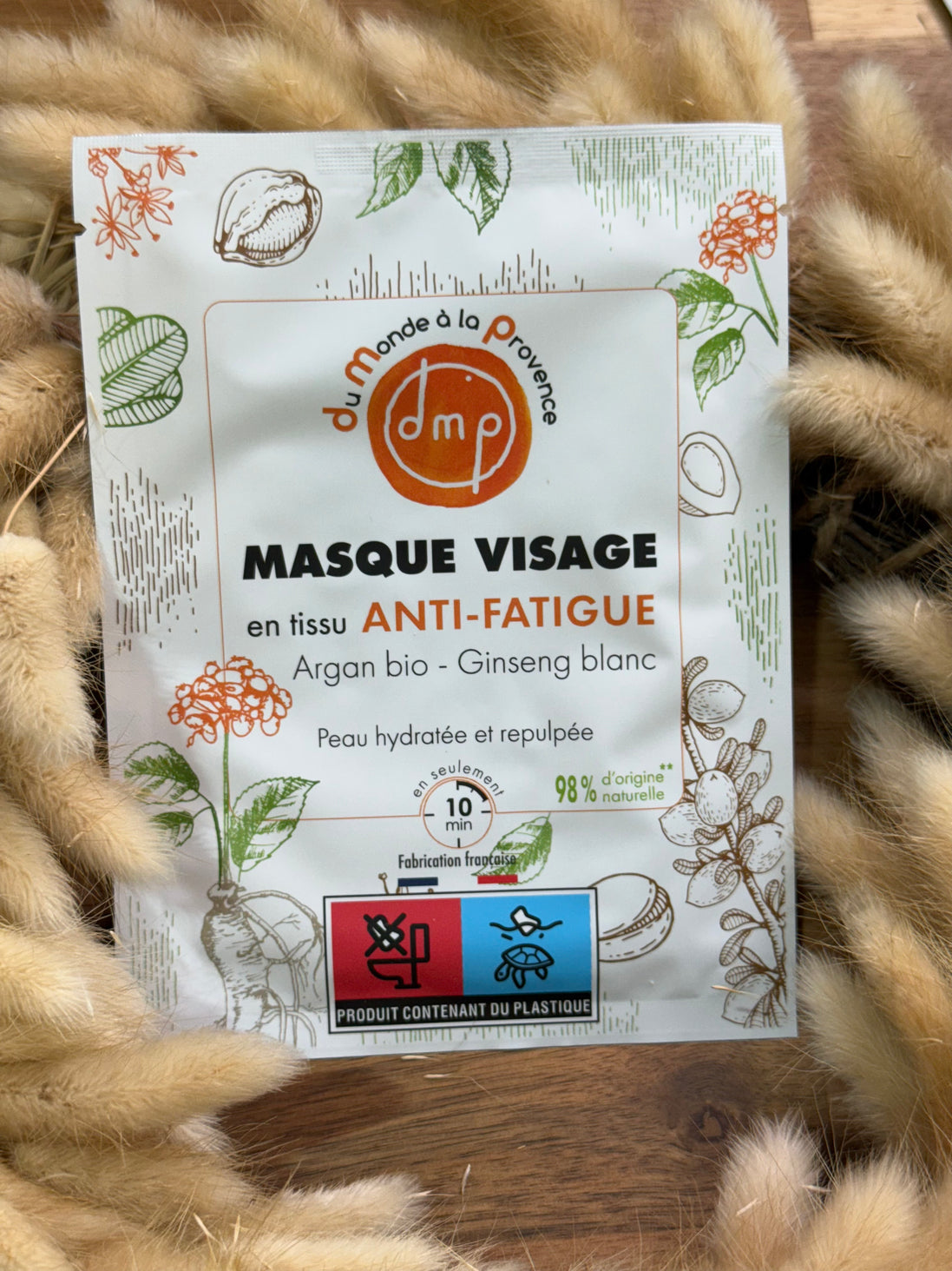 Masque visage en tissu Anti-Fatigue et Hydratant à l’Argan BIO et Ginseng blanc – 20 ml