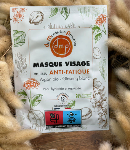 Masque visage en tissu Anti-Fatigue et Hydratant à l’Argan BIO et Ginseng blanc – 20 ml