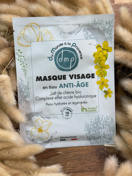 Masque visage en tissu Anti-âge et Hydratant au Lait de chèvre bio et complexe effet acide hyaluronique végétal