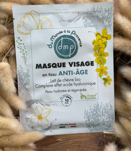 Masque visage en tissu Anti-âge et Hydratant au Lait de chèvre bio et complexe effet acide hyaluronique végétal